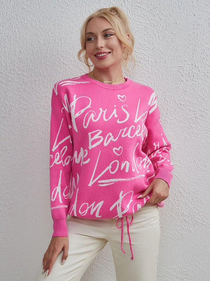 Drawstring Hem Letter Pattern Round Neck Dropped Shoulder Sweater Fuchsia Pink One Size