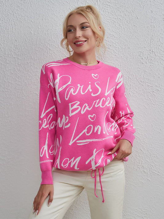 Drawstring Hem Letter Pattern Round Neck Dropped Shoulder Sweater Fuchsia Pink One Size