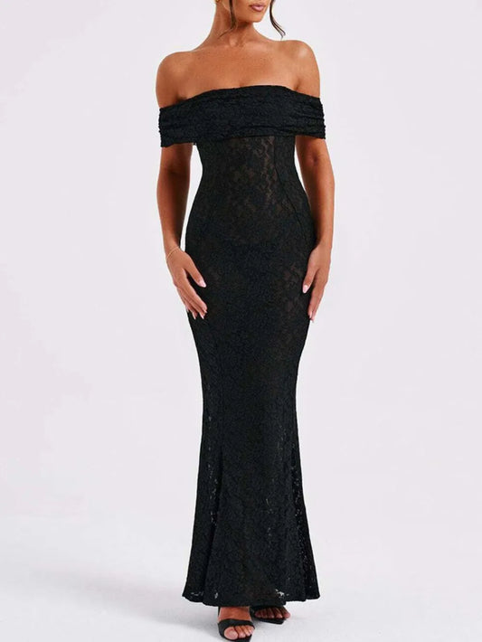 Devine Lace Off-Shoulder Maxi Dress Black