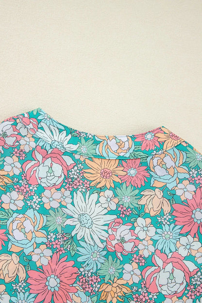 Multicolour Notched Neck Puff Short Sleeve Floral Blouse