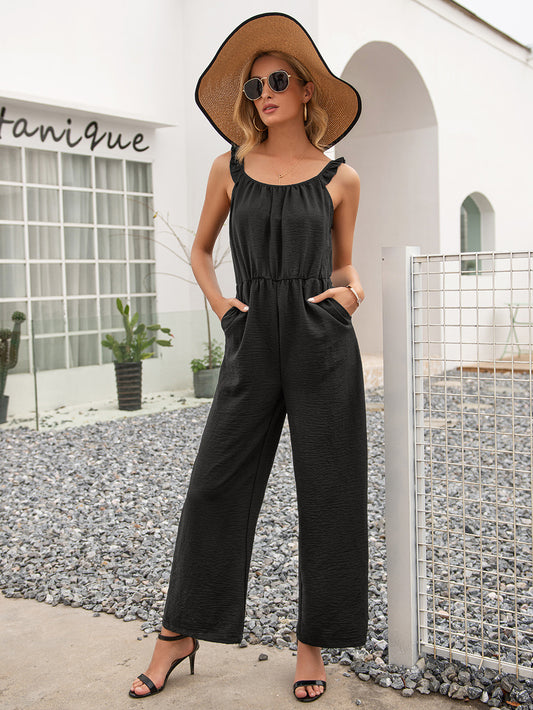 Ivy Lane Round Neck Sleeveless Jumpsuit with Pockets Black