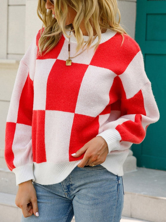Angel Wings Checkered Round Neck Dropped Shoulder Sweater Red