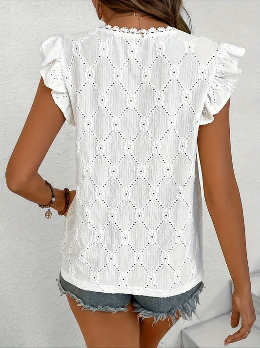 Ruffled Eyelet V-Neck Cap Sleeve Blouse