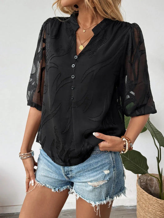 Sheer Notched Button Front Blouse Black