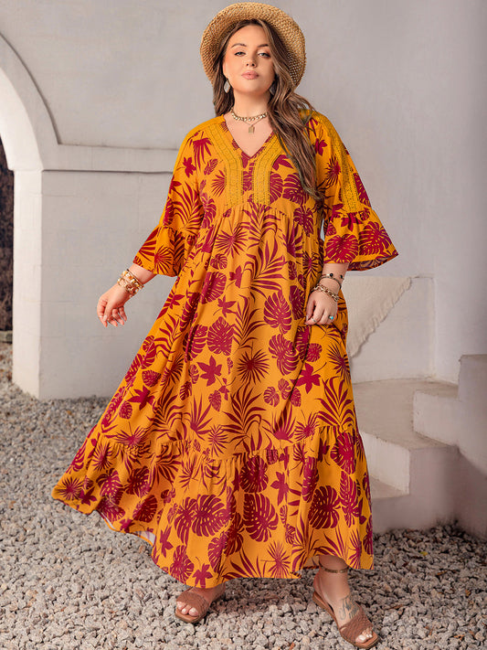 Plus Size Lace Detail Printed V-Neck Maxi Dress Tangerine