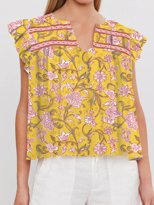Floral Notched Neck Ruffled Sleeve Casual Blouse Gold