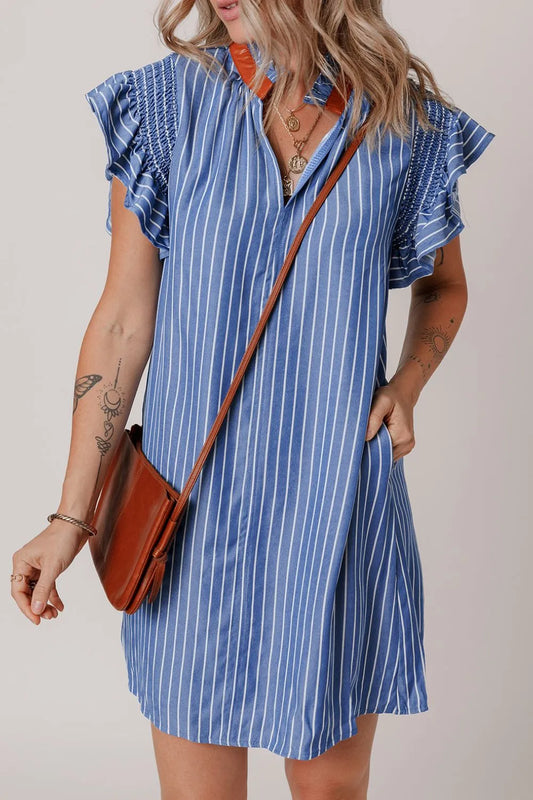 Stripe Frilly Split Neck Shirred Ruffle Sleeve Short Shift Dress Dusty Blue