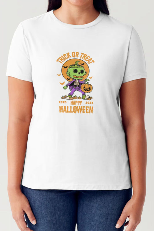 Simply Love Full Size TRICK OR TREAT Round Neck Short Sleeve Tubular T-Shirt White