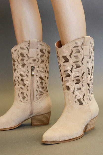 Beast Fashion Faux Suede Laser Cut Detail Block Heel Boots Tan