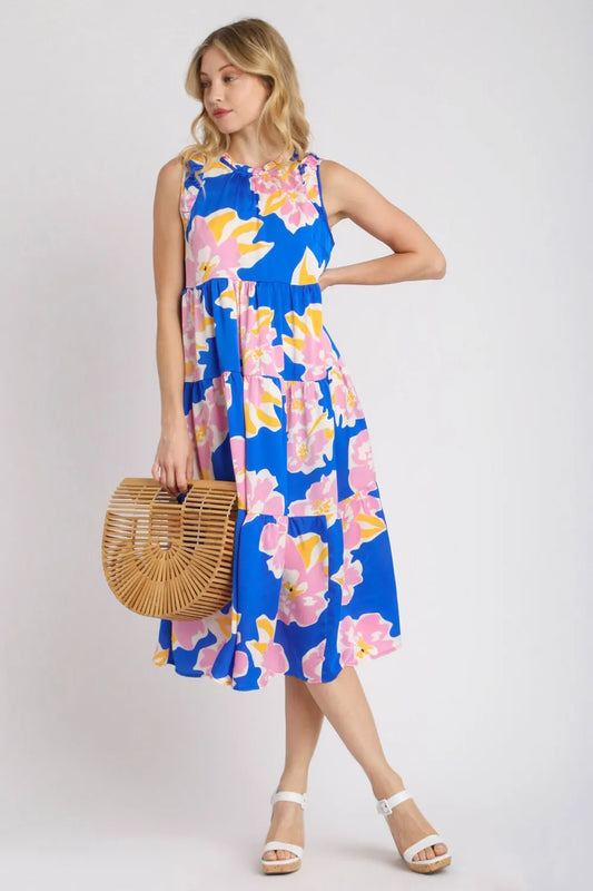 Umgee Full Size Floral Tiered Midi Tank Dress Plus Size Royal Blue