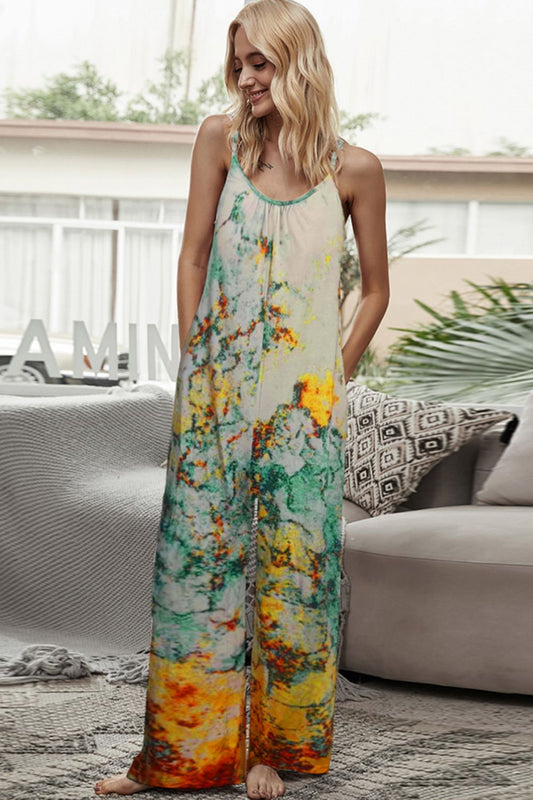 Shiny Tie-Dye Spaghetti Strap Jumpsuit with Pockets Multicolor
