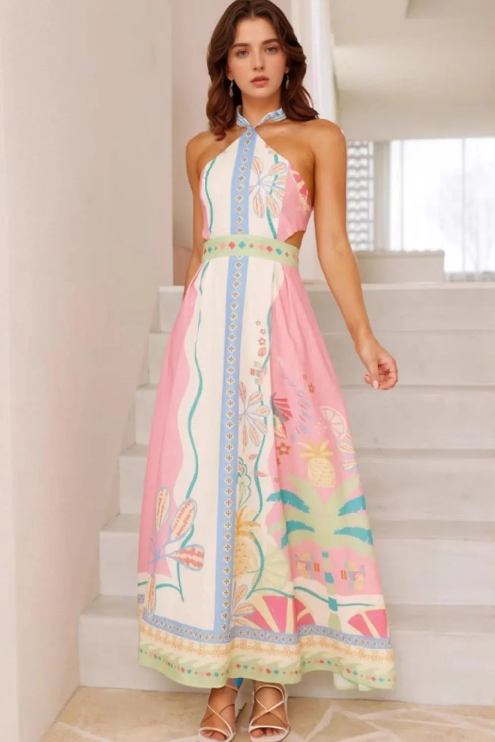 Printed Halter Neck Maxi Dress Blush Pink