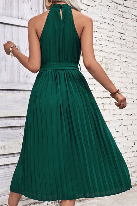 Perfee Tie Belt Pleated Midi Dress