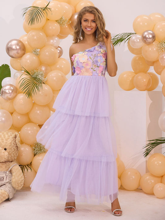 Embroidered Layered Single Shoulder Dress Pink Purple