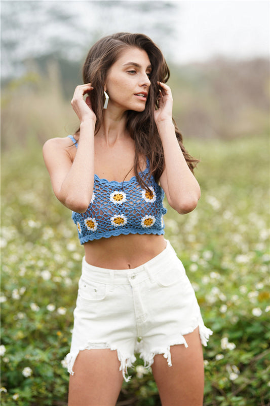 Floral Crochet Cropped Cami Azure