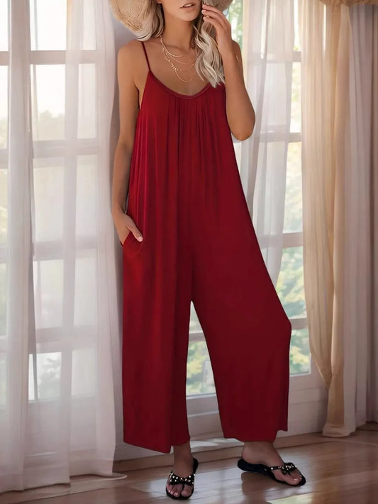 Scoop Neck Spaghetti Strap Jumpsuit Burgundy