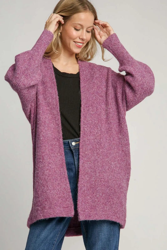Umgee Full Size Wool Blend Open Front Lantern Sleeve Cardigan Plus Size Red-Violet
