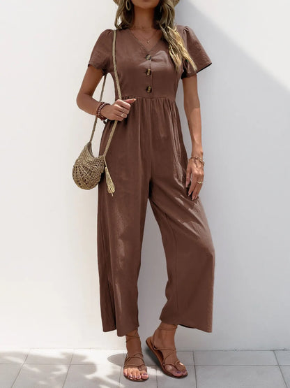 V-Neck Short Sleeve Wide Leg Jumpsuit Brown