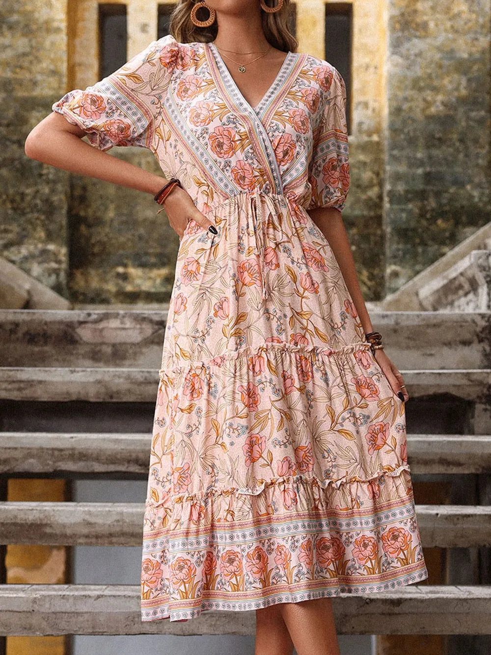 Printed Surplice Tiered Midi Dress