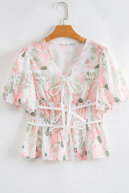 Tied Printed Short Sleeve Blouse