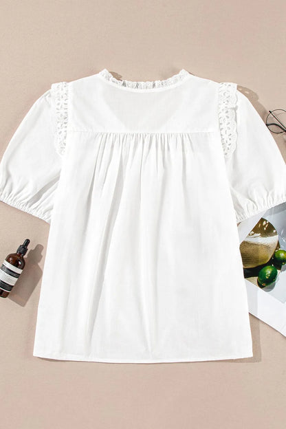 Lace Patchwork Tie Neck Short Sleeve Blouse