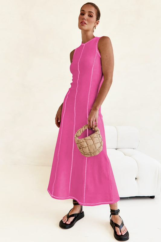 Contrast Stitching Maxi Tank Dress Hot Pink
