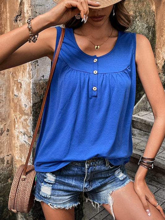 Button Detail Round Neck Tank Royal Blue