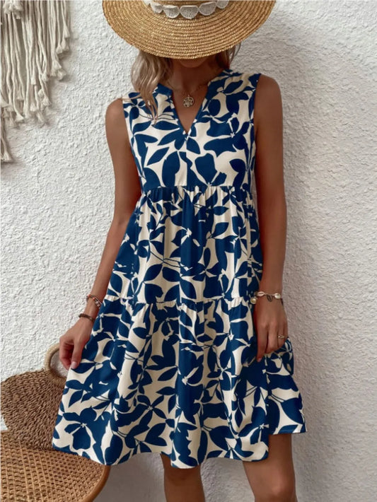 Printed Notched Sleeveless Mini Dress Dark Blue