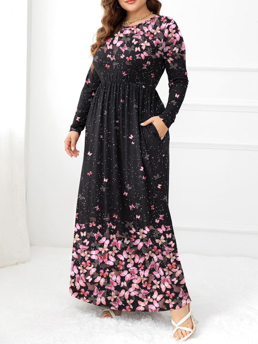 Plus Size Round Neck Maxi Dress with Pockets Carnation Pink