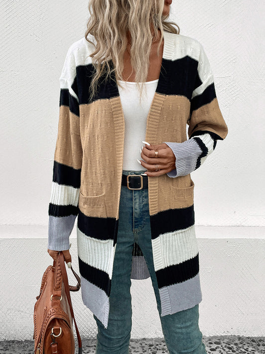 Perfee Color Block Open Front Drop Shoulder Cardigan Camel
