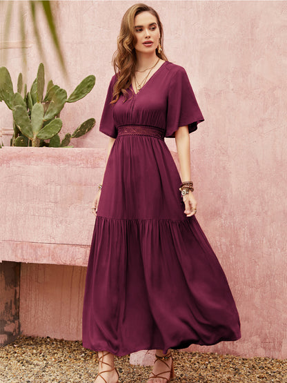 Openwork V-Neck Flare Sleeve Ruched Dress Cerise