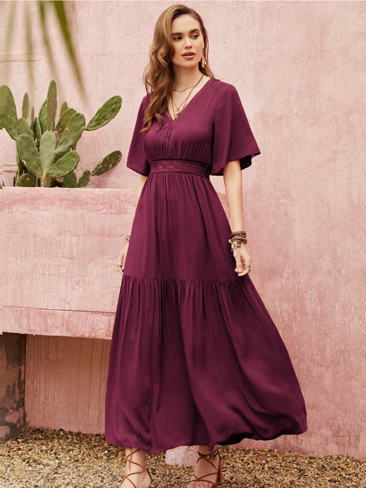 Openwork V-Neck Flare Sleeve Ruched Dress Cerise