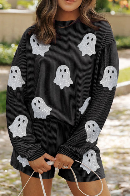 Glitter Ghost Round Neck Long Sleeve Top and Shorts Set Black