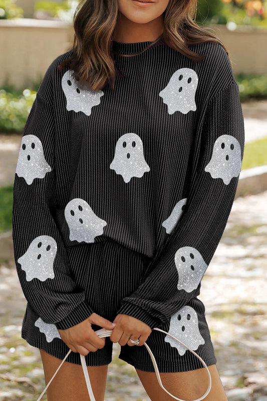 Glitter Ghost Round Neck Long Sleeve Top and Shorts Set Black