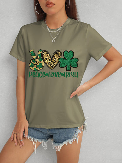 PEACE LOVE IRISH Round Neck Short Sleeve T-Shirt Army Green
