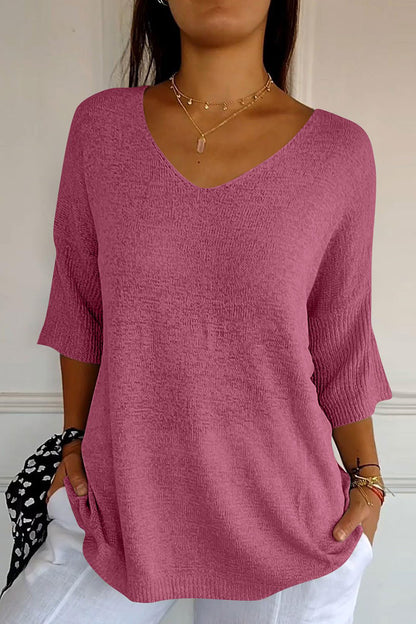 V-Neck Three-Quarter Sleeve Knit Top Moonlit Mauve One Size