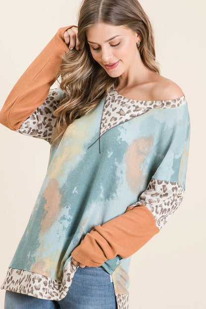 BiBi Tie-Dye Leopard Terry Round Neck Long Sleeve T-Shirt