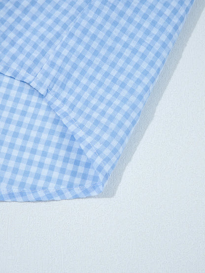 Gingham Print Puff Sleeve Button-Up Shirt