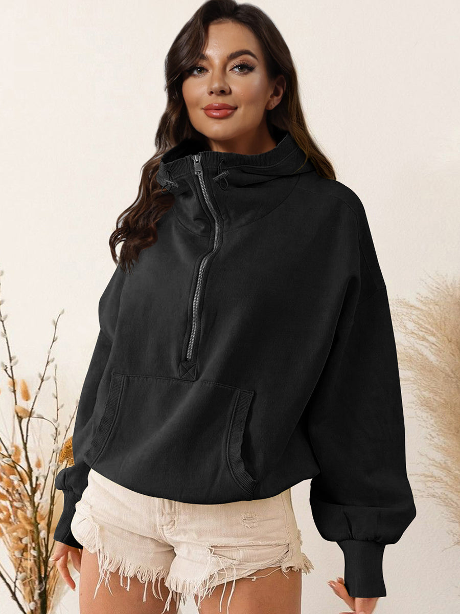 Zip-Up Dropped Shoulder Hoodie Black