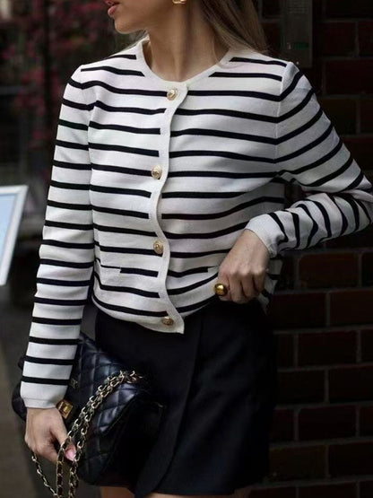 Striped Button Down Long Sleeve Cardigan Black