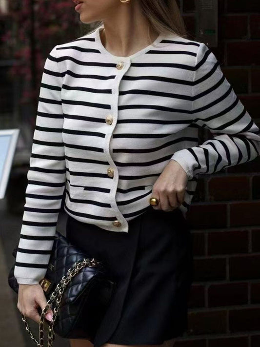 Striped Button Down Long Sleeve Cardigan Black