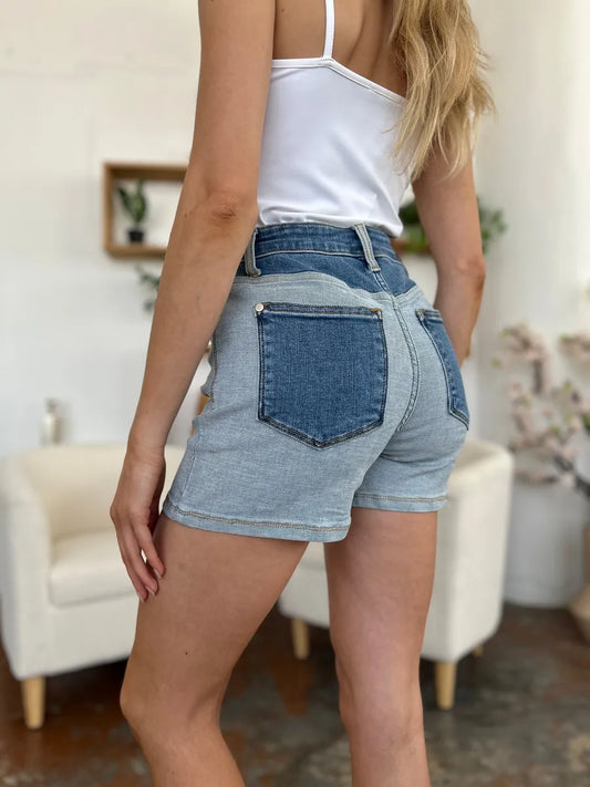 Judy Blue Full Size Color Block Denim Shorts LT MD