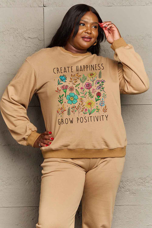 Simply Love Full Size CREATE HAPPINESS GROW POSITIVITY Graphic Sweatshirt Mocha