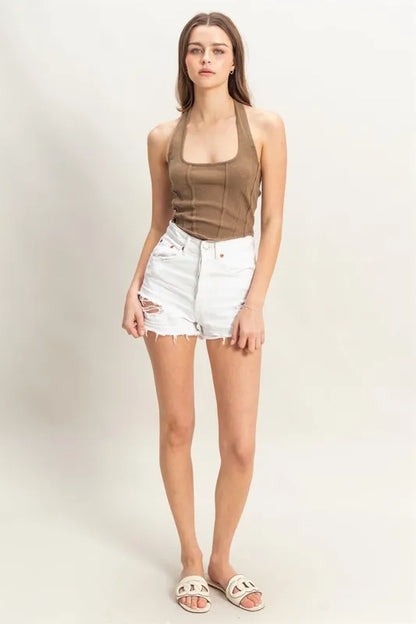 HYFVE Mineral Wash Halter Neck Everyday Top MOCHA