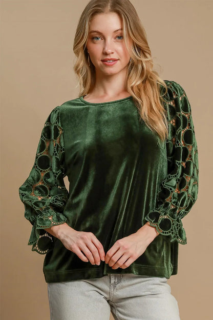 Umgee Polka Dot Lace Long Sleeve Round Neck Blouse Olive