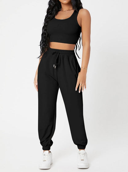 Wide Strap Top and Drawstring Joggers Set Black