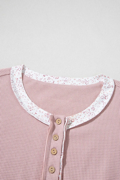 Waffle Floral Patchwork Exposed Seam Detail Short Sleeve Top