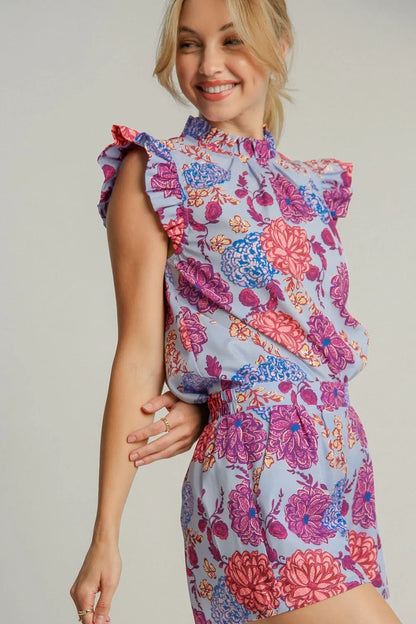 Umgee Full Size Floral Print Ruffled Cap Sleeve Blouse Plus Size
