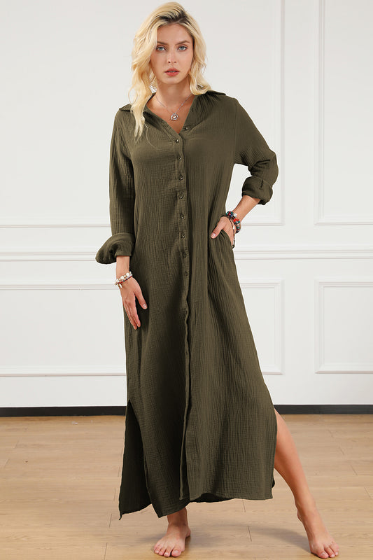 Texture Collared Neck Button Up Slit Shirt Dress Moss
