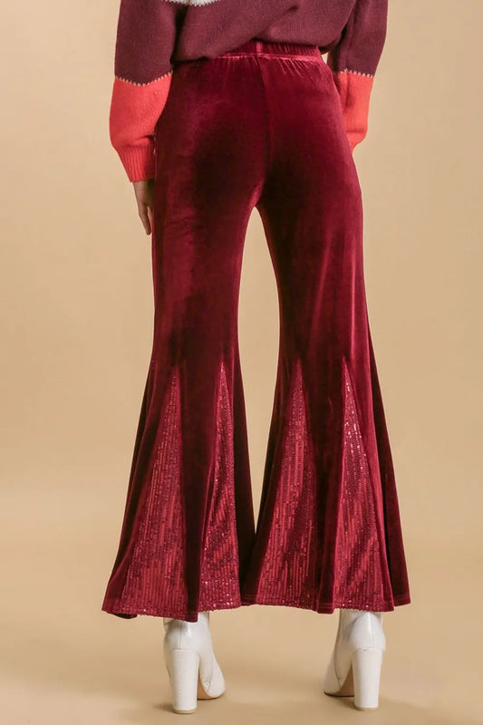 Umgee Full Size Sequin Elastic Waist Velvet Stretch Flare Leg Pants Plus Size